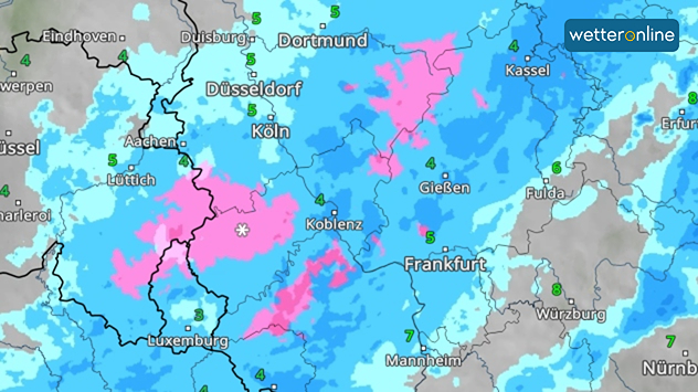 Wetterkarte mit Schneeregen- und Schneeschauern über Teilen von Rheinland-Pfalz, Nordrhein-Westfalen und Hessen.