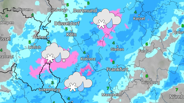 Wetterkarte mit Schneeregen- und Schneeschauern über Teilen von Rheinland-Pfalz, Nordrhein-Westfalen und Hessen.