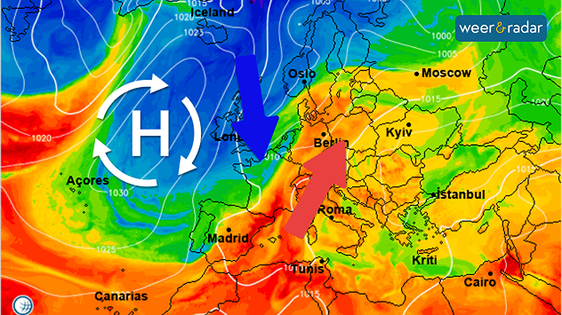 De Europese weerkaart voor maandag toont scherpe temperatuurcontrasten. Zeer warme nazomerlucht wordt verdreven en vanuit het noordwesten stroomt een heel stuk frissere lucht binnen.
