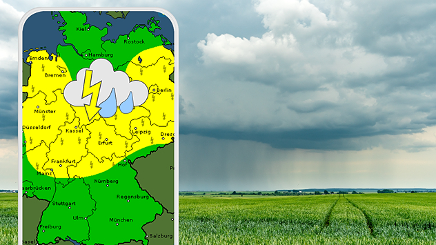 Links: Wetterkarte mit gelb markiertem Warnbereich für Gewitter und Regen in der Mitte Deutschlands. Rechts: Feldlandschaft mit dunklen Regenwolken am Horizont.