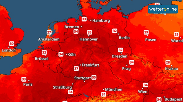 Deutschlandkarte mit Temperaturwerten von 32 bis 37 °C, Zentrum der Hitze um Frankfurt und Erfurt