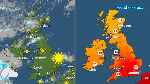 Split weather graphic showing sunny conditions across the UK on the left with clear skies and temperatures around 13 to 21 °C, and a heat map on the right showing temperatures rising to 30 °C near London and 29 °C near Cardiff.