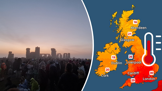 Split image showing crowds gathered at Stonehenge at dawn beneath a hazy sunrise sky on the left, and a UK and Ireland temperature map on the right with temperatures reaching 30 °C near London and a thermometer icon highlighting hot conditions.
