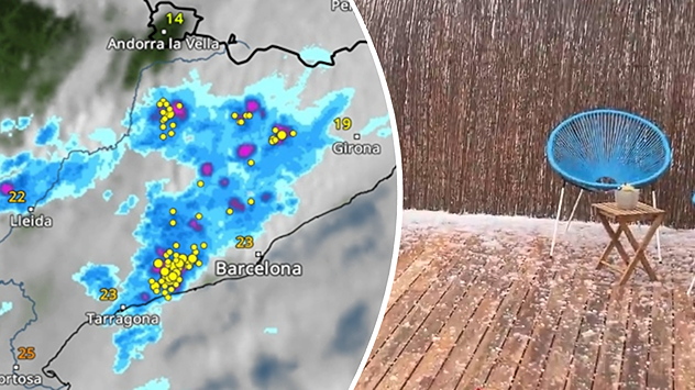 À gauche, radar météo avec orages au-dessus de l'Espagne, à droite, grêle