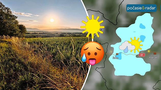 Rozdelená grafika so slnečnou letnou krajinou naľavo a mapou severného Slovenska napravo, doplnená ikonou slnka, spotenej tváre a miestnej prehánky naznačujúcej osvieženie