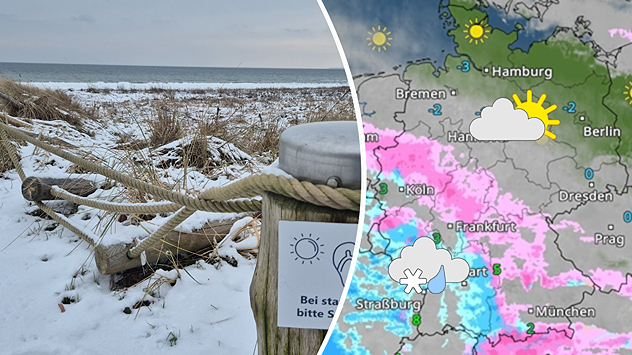Geteilte Grafik: links verschneiter Strand in Boltenhagen am 18. Februar 2026, rechts eine WetterRadar-Karte mit winterlichen Symbolen.