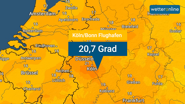 TemperaturRadar von Montagmorgen 6 Uhr zeigt im Westen über 20 Grad