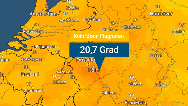 TemperaturRadar von Montagmorgen 6 Uhr zeigt im Westen über 20 Grad