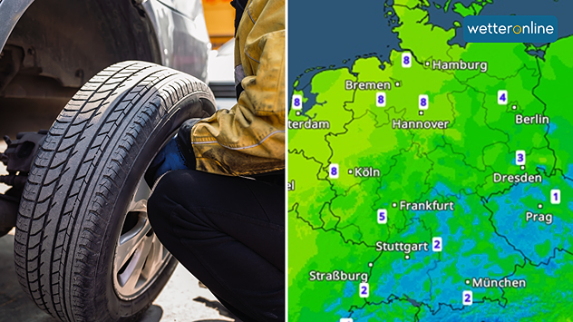 Geteilte Grafik: links ein Autoreifen beim Reifenwechsel, rechts eine TemperaturRadar-Karte mit kühlen Temperaturen in Deutschland.