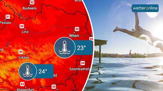 Karte mit roten Temperaturflächen und Werten bis 33 °C in Österreich, daneben ein Mensch beim Kopfsprung ins Wasser bei strahlendem Sonnenschein.