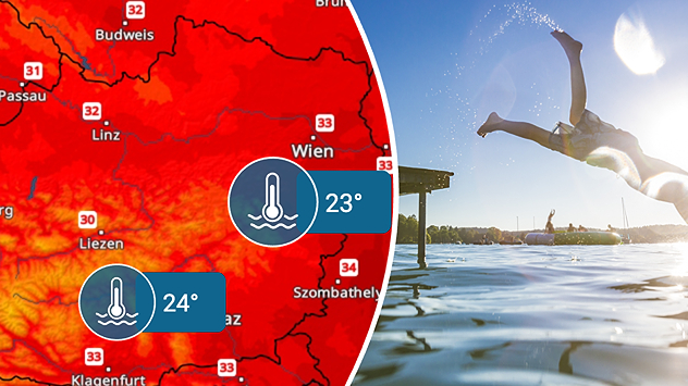 Karte mit roten Temperaturflächen und Werten bis 33 °C in Österreich, daneben ein Mensch beim Kopfsprung ins Wasser bei strahlendem Sonnenschein.