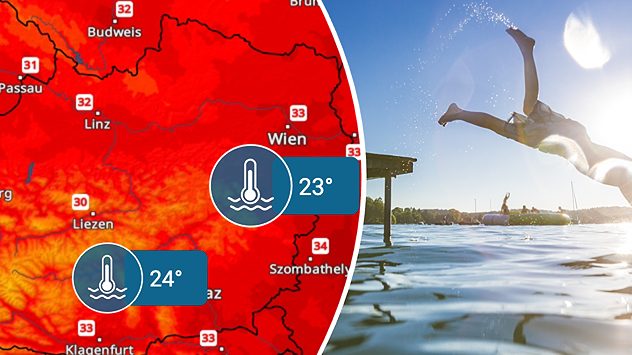 Karte mit roten TemperaturflÃ¤chen und Werten bis 33â¯Â°C in Ãsterreich, daneben ein Mensch beim Kopfsprung ins Wasser bei strahlendem Sonnenschein. (c) moreimages/shutterstock.com