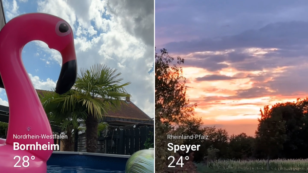 Links ein Bild von einem Pool mit Wolken und Himmel im Hintergrund, rechts ein Bild von der Morgendämmerung.