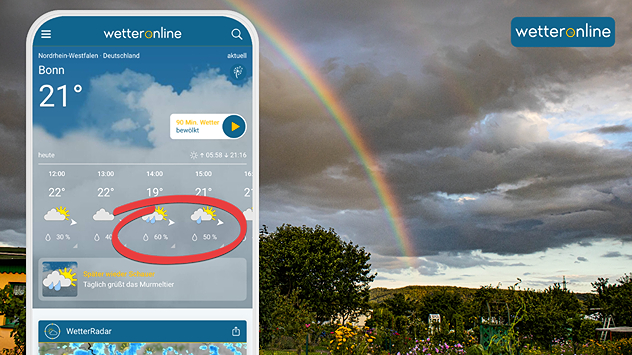 Handy mit WetterOnline App und Bild von einem Regenbogen