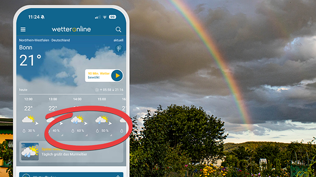 Handy mit WetterOnline APP und Bild von einem Regenbogen