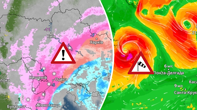 Зліва: опади в Україні. Справа: циклони над Атлантикою.
