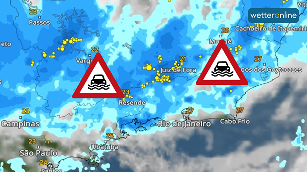 Das Bild zeigt das WetterRadar für den Südosten Brasiliens. Viele Gewitter und Regen sind zu sehen.