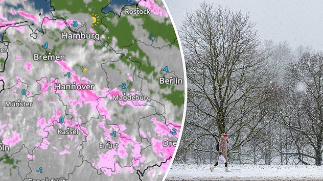 Wetterkarte mit Schneefront über Deutschland neben Szene mit Spaziergänger im Schnee.