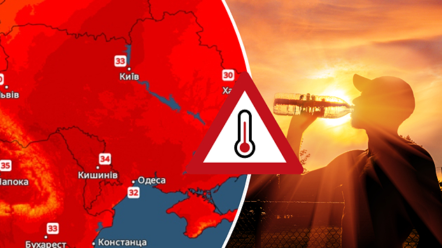 Зліва карта температур для України. Справа людина з пляшкою води в руці.