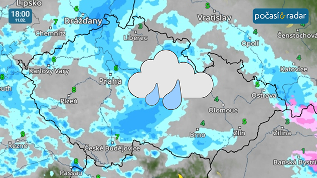 Meteoradar, screenshot, 11. 2. 18:00: Ve středu se u nás na většině území bude vyskytovat občasný déšť.