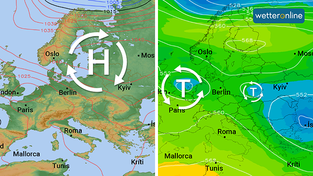 In der Bodenwetterkarte (links) scheint ein  Hochdruckgebiet das Wetter in Europa zu bestimmen. Gleichzeitig befindet sich aber ein ausgeprägtes Höhentief (rechts) direkt über uns.