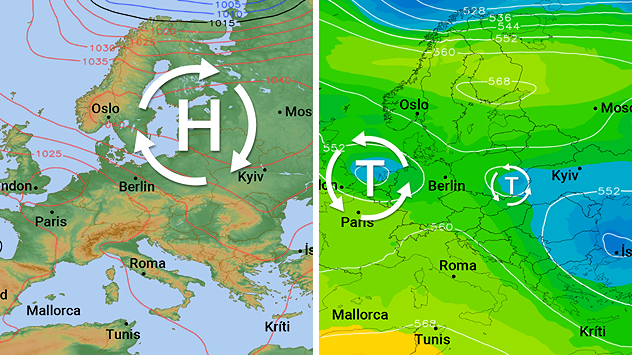 In der Bodenwetterkarte (links) scheinen in der nächsten Woche Hochdruckgebiete das Wetter in Europa zu bestimmen. Gleichzeitig befindet sich aber ein ausgeprägtes Höhentief (rechts) direkt über uns.