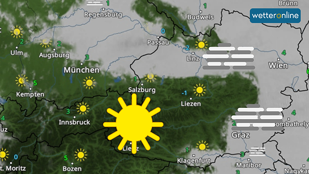 Das WetterRadar zeigt Nebel über dem Flachland in Österreich und Sonnenschein in den Alpen.