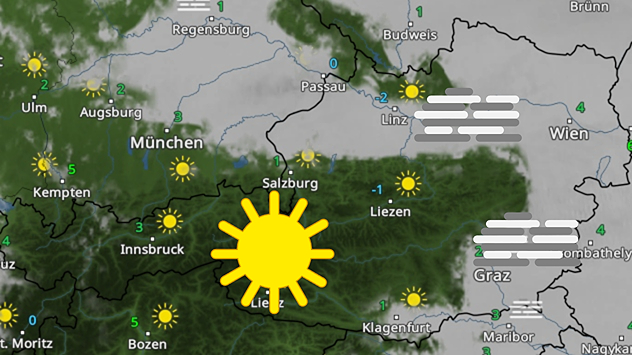 Das WetterRadar zeigt Nebel über dem Flachland in Österreich und Sonnenschein in den Alpen.