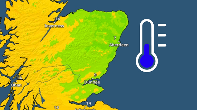 Temperature map showing cooler temperatures in eastern Scotland for late July in the early morning. A high of 7 °C is shown for Aberdeen. A cold thermometer is to the right of the image.