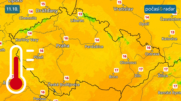 Předpověď maximálních teplot v Česku na sobotu 11. 10. V nejbližších dnech nás čekají vyrovnané denní teploty kolem 15 °C.