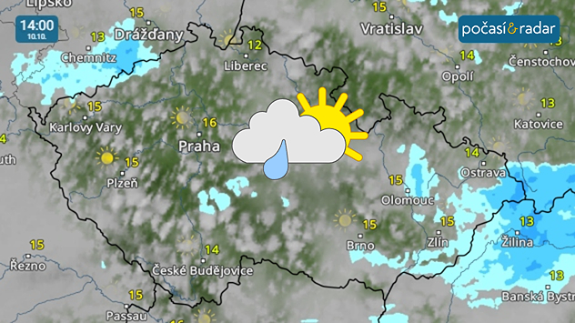 Meteoradar, screenshot, 10. 10. 14:00: Na obloze bude v nejbližších dnech převládat oblačno, místy se setkáme s přeháňkami nebo slabým deštěm.