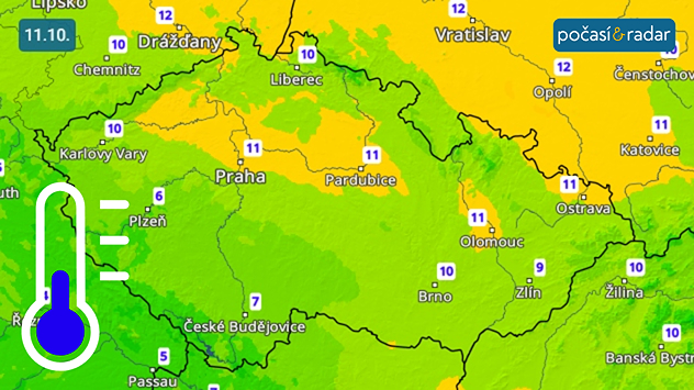 Předpověď minimálních denních teplot na 11. 10. Díky převažující velké oblačnosti zůstanou poměrně teplé i noci. Minimální teploty budou místy zůstávat nad 10 °C.