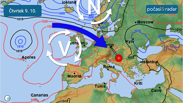 Synoptická situace nad Evropou, čtvrtek 9. 10. Česko bude v nejbližších dnech setrvávat v severozápadním proudění mezi tlakovou výší se středem nad Britskými ostrovy a tlakovou níží nad severní Evropou.