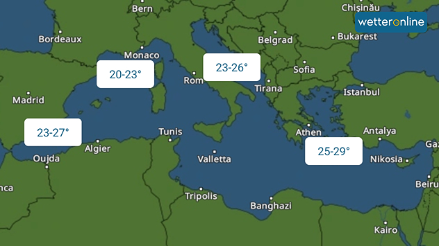 Mittelmeerkarte mit regionalen Wassertemperaturen: 20–23 °C vor Südfrankreich, 23–26 °C um Italien, 25–29 °C rund um Griechenland und Zypern.