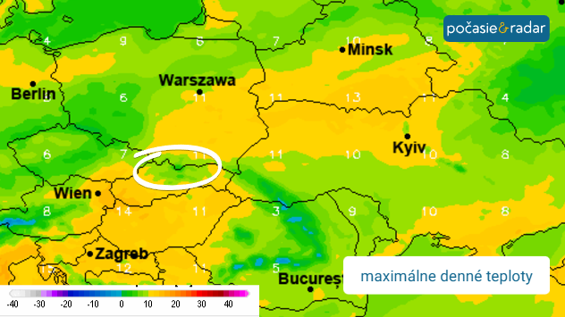 Mapa strednej Európy s predpoveďou maximálnych denných teplôt, najvyššie hodnoty nad Slovenskom a Poľskom.