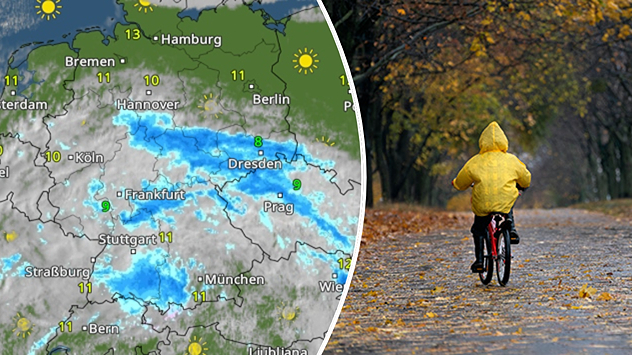 © Serhii Yevdokymov / Shutterstock. com Ein Kind auf einem Fahrrad bei herbstlichem Wetter, links das WetterRadar von WetterOnline.