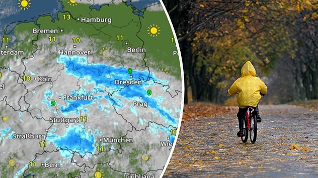 Ein Kind auf einem Fahrrad bei herbstlichem Wetter, links das WetterRadar von WetterOnline. (c) Serhii Yevdokymov / Shutterstock. com