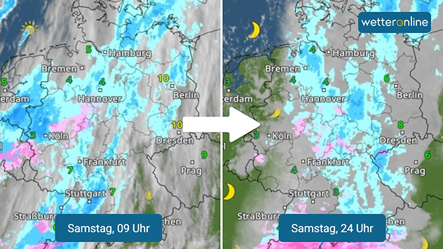 WetterRadar: Links die Kaltfront am Samstagmorgen, rechts in der Nacht zum Sonntag.