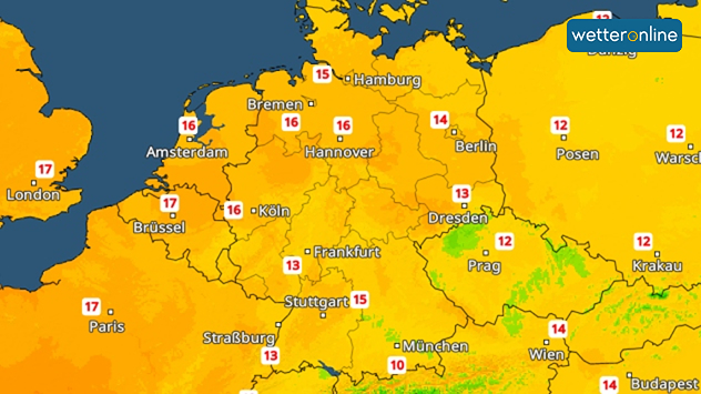 Wetterkarte mit Temperaturen zwischen 10 und 17 Grad in Deutschland und Mitteleuropa.