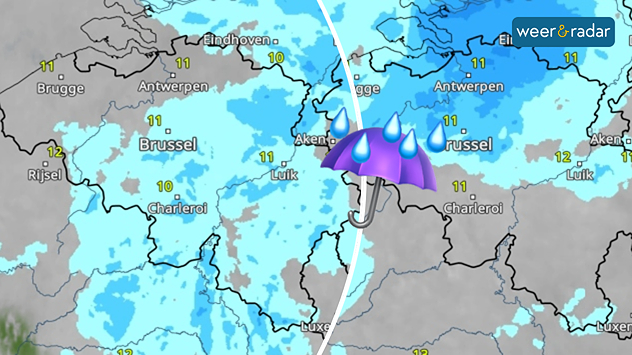 De WeerRadar met twee afbeeldingen, zaterdag links en zondag rechts. Op beide dagen is bewolking met regen zichtbaar. Een paraplu is ingetekend.