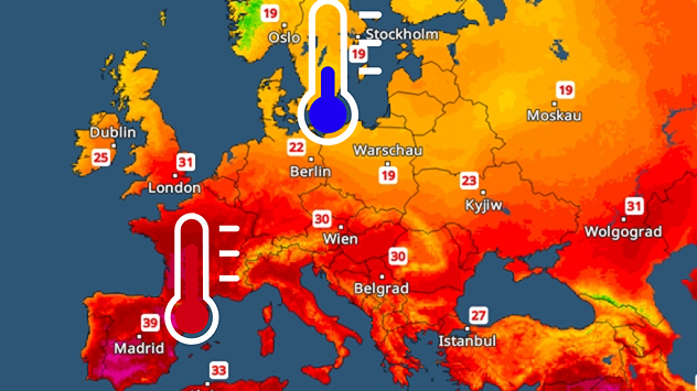Teplotní mapa Evropy s velkou vlnou veder na jihozápadě a výrazně chladnějším vzduchem na severu. Dvě ikony teploměrů znázorňují výrazný teplotní kontrast.