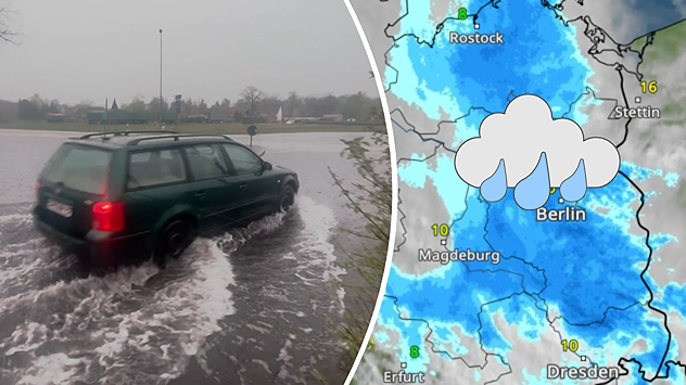 Links ein Auto auf einer überfluteten Straße, rechts das WetterRadar, das viel Regen zeigt.