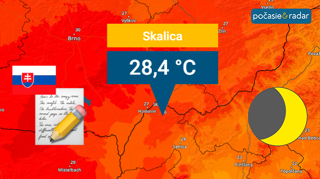 Teplotná mapa západného Slovenska s vyznačenou nočnou teplotou 28,4 °C v Skalici, doplnená slovenskou vlajkou, ikonou zápisu a symbolom mesiaca.