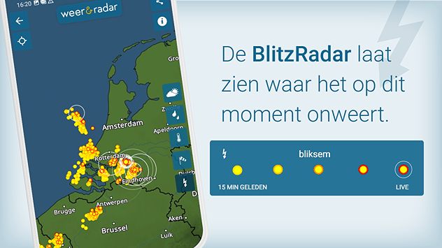 Een kaart van de bliksemradar van de Weer & Radar app inclusief legenda. De bliksemradar laat zien waar het op dit moment onweert.