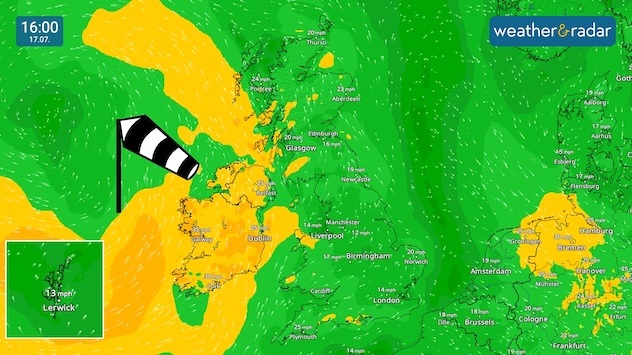 Wind map showing gusting winds across Ireland and Northern Ireland but calmer conditions across the rest of the UK.