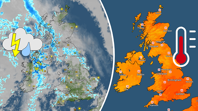 Weather map showing thunderstorms over Northern Ireland and rain elsewhere next to a temperature map showing highs in the upper 20s in south-east England.