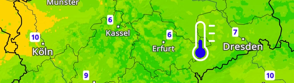 Temperaturkarte mit Tiefstwerten von meist 7 bis 10 Grad in Deutschland.