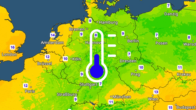 Temperaturkarte mit Tiefstwerten von meist 7 bis 10 Grad in Deutschland.
