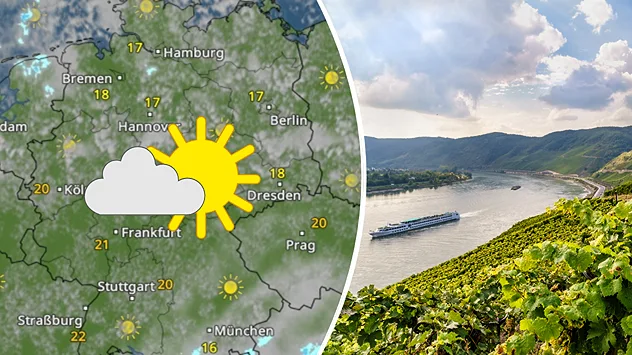 Links das WetterRadar für Deutschland, rechts ein Bild von einem Weinberg mit einem Fluss im Hintergrund.
