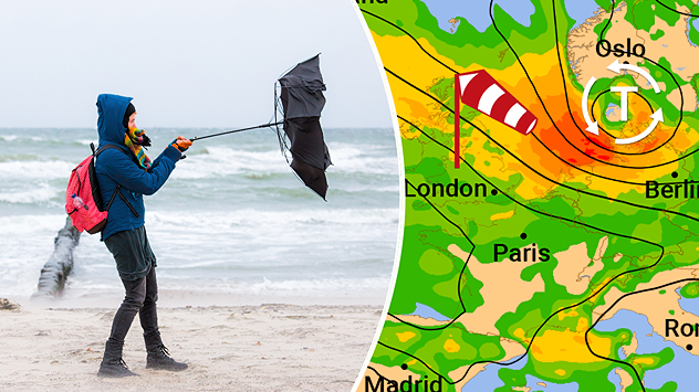 Links: Person am Strand kämpft gegen den Wind mit einem umgeklappten Regenschirm. Rechts: Wetterkarte mit Windfeldern und Tiefdruckgebiet über Nordeuropa, rote Linien und Windfahne markieren Sturmzentrum.